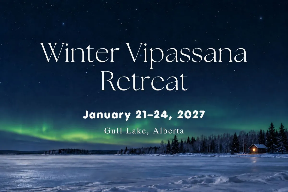 Winter Vipassana Retreat, January 21–24, 2027, Gull Lake, Alberta: frozen lake under a starry sky with northern lights and a lit cabin by the forest