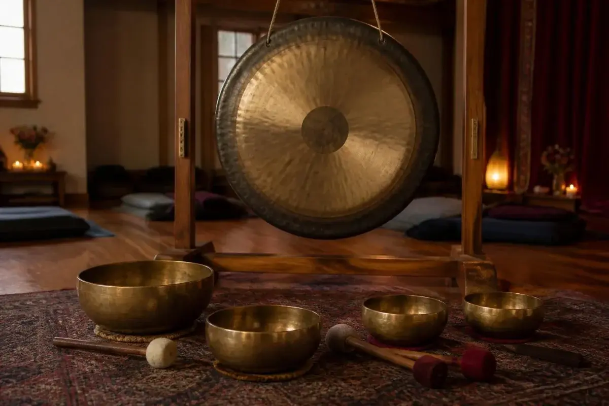 Sound bath benefits: a gong and Tibetan singing bowls for deep relaxation